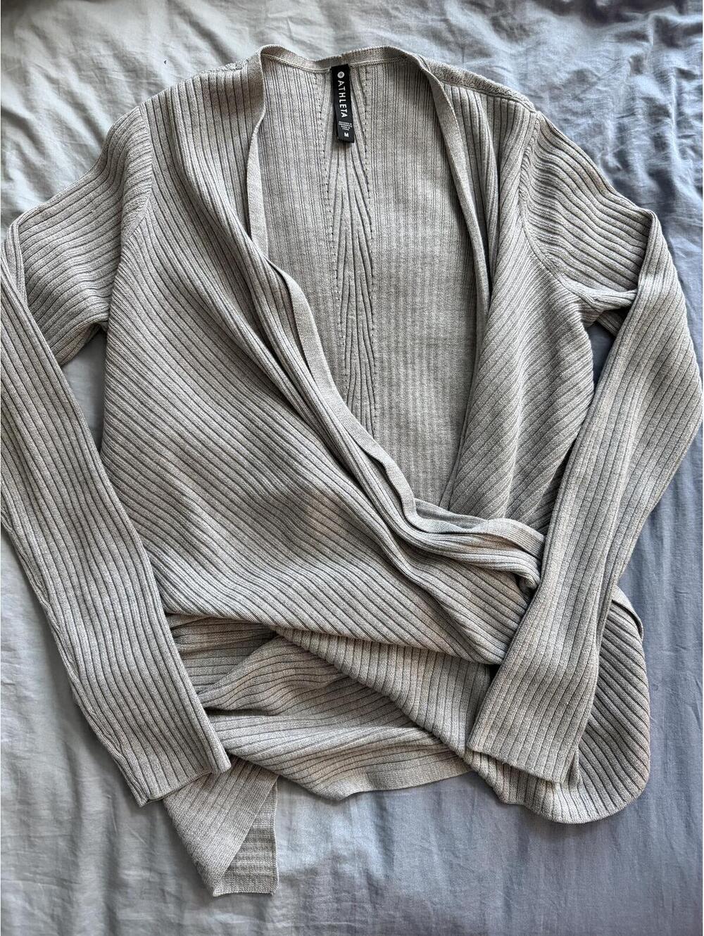 Athleta Solstice Wrap Cardigan Sweater Gray Ribbed Merino Wool Blend M